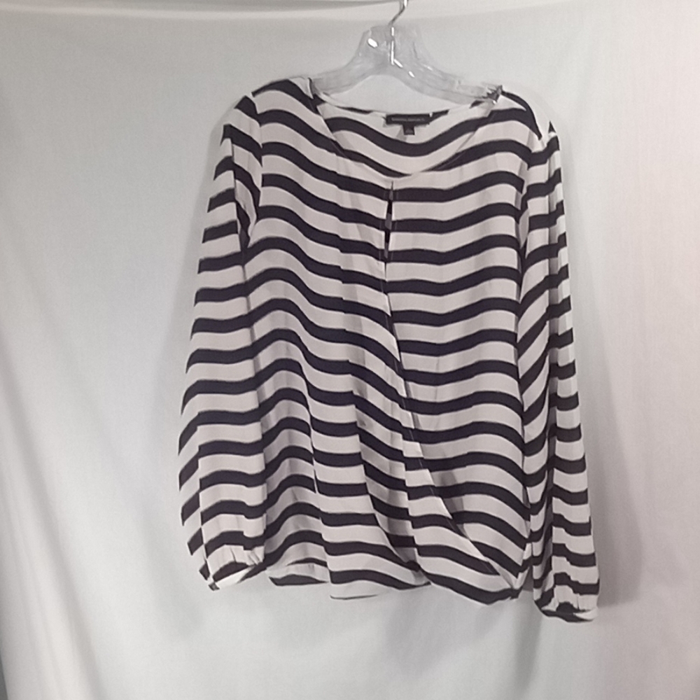 Banana Republic Black White Striped Faux Wrap Long Sleeve Top Size L